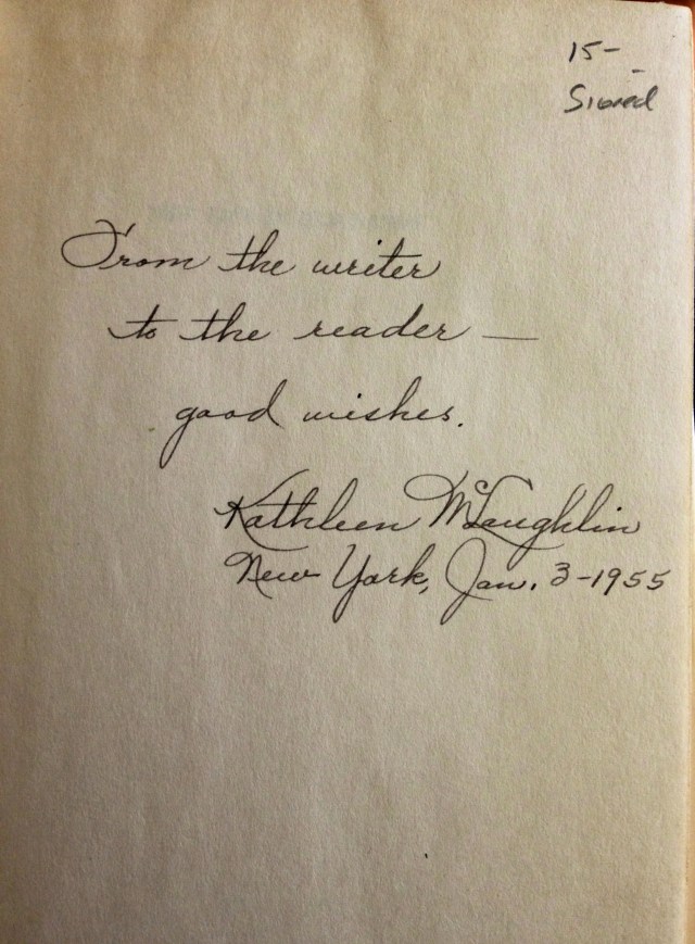 "From the writer to the reader - good wishes. Kathleen McLaughlin New York, Jan. 3 - 1955