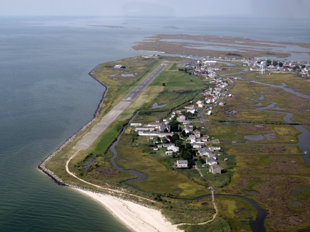 Tangier Island in view; runway is on the left