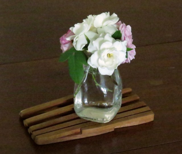 Repeat caption from preceding picture. This, by the way, is a white gardenia and a pink rose. And they both smell captivating. 