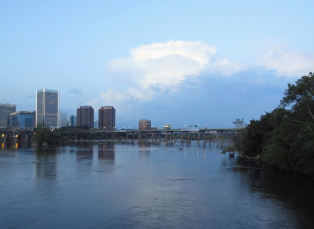 Looking east (downstream) on the mighty James River; that's downtown Richmond on the left