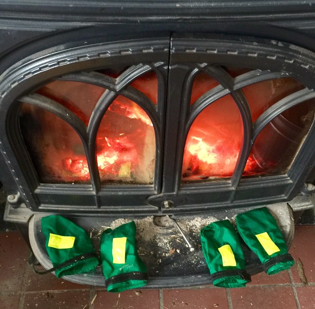 Cold, wet booties, warm, toasty fire