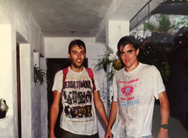 Post mountain bike ride w/another student. Guatemalan weather forecasts were untrustworthy in those days. 