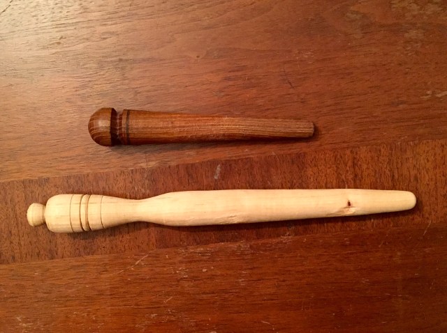 Small, old, well used spurtle, and brand new, yet-to-be-used spurtle. Made this morning! While I watched! 