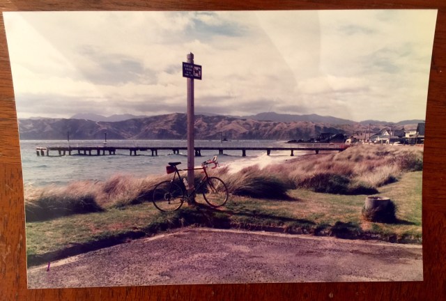 My road bike leaning against a post near the swim section. I get cold just looking at it. 