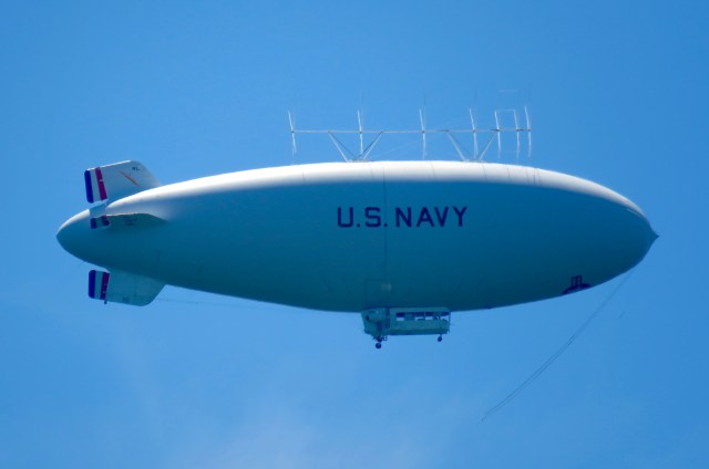 US Navy MZ-3A blimp flying west over the Huguenot Bridge in Richmond, VA